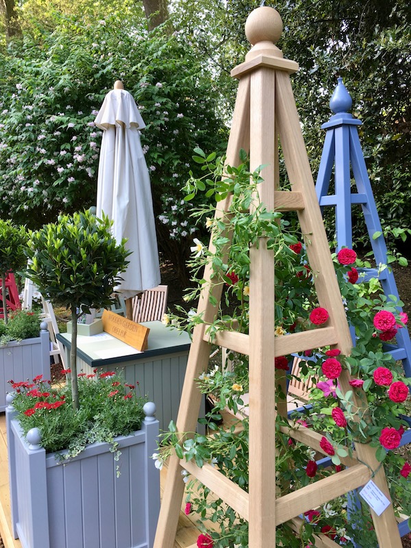 Oak garden obelisk with roses at RHS Chelsea Flower Show 2018