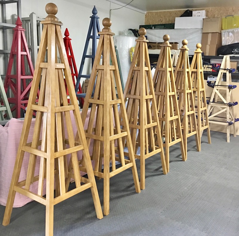 6 Sweet Pea Obelisks painted with Sadolin Light Oak