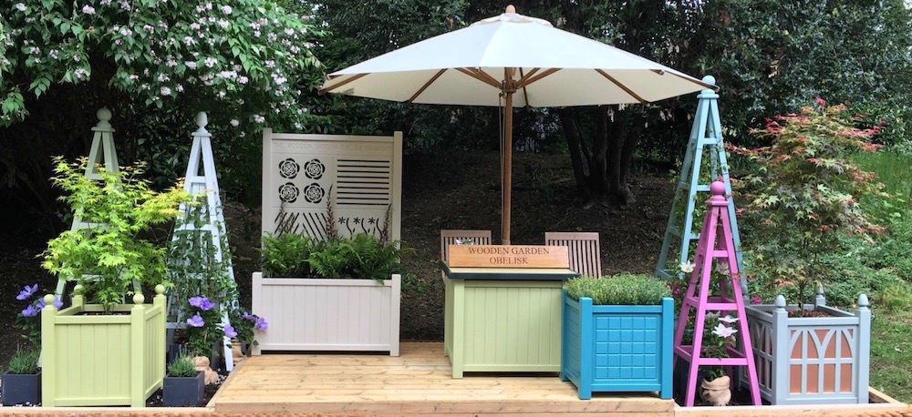 Wooden Garden Obelisks and Planters at RHS Chelsea Flower Show 2019