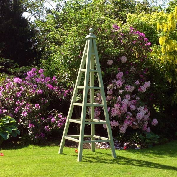  9 foot tall large wooden garden obelisk painted Lichen by Farrow & Ball 