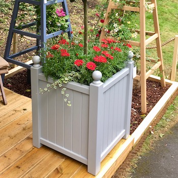 Versailles Style Wooden Garden Planter made from Accoya and painted Manor House Grey on display at RHS Chelsea Flower Show 2018