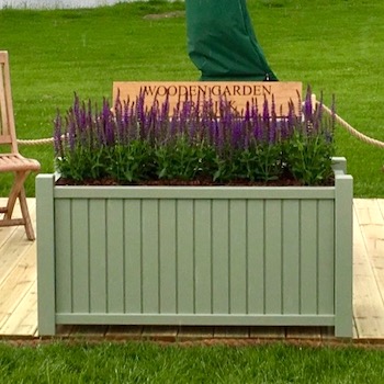 Wooden Garden Trough planter painted Lichen by Farrow & Ball on display at RHS Chatsworth Flower Show 2017