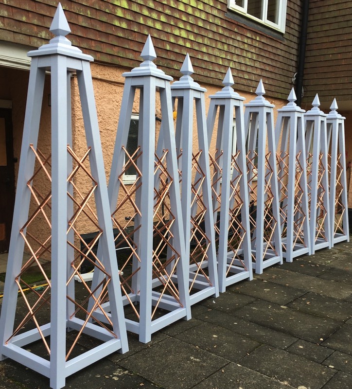 Wooden Garden Spire Obelisks with Copper Trellis, painted with Sadolin Classic wood stain, colour Winter Ice