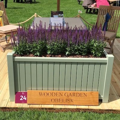 Large wooden garden trough planter made from Accoya wood and painted Lichen by Farrow & Ball