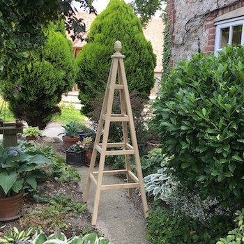 Wooden garden obelisk made from Accoya with acorn finial in natural timber finish