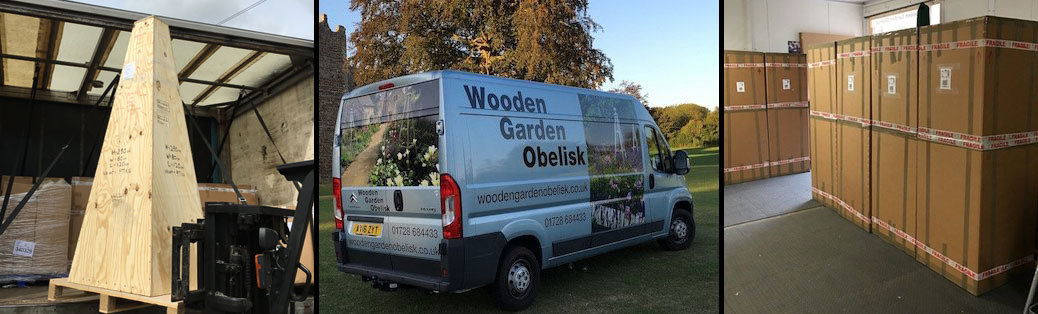 Image on the left shows obelisks packaged on pallets and being loaded onto lorry for international shipping, middle image shows delivery van and image to the right shows 6 large cardboard boxes with obelisks within waiting for UK delivery